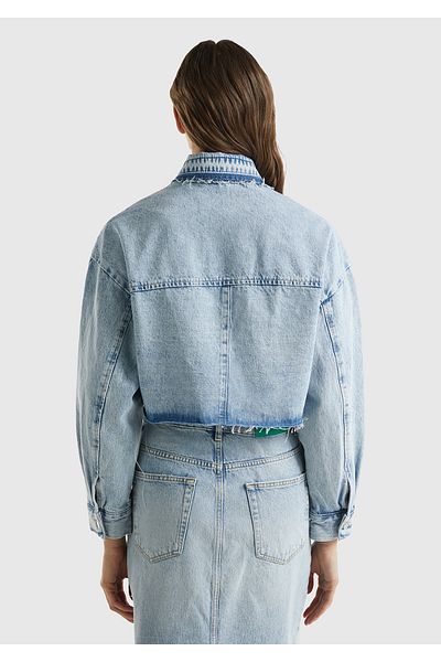 United Colors of Benetton Jachetă de blugi crop albastră - 100% bumbac, buzunare plasate, femei