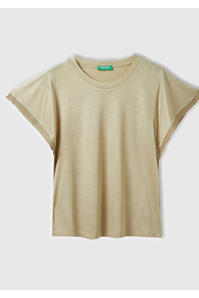 United Colors of Benetton Μπλουζάκι με φαρδύ λαιμόκοψη σε μπεζ χρώμα - 100% β...