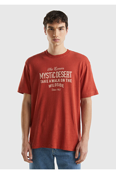 United Colors of Benetton Πορτοκαλί λινό ανδρικό μπλουζάκι με λαιμόκοψη - απλή εφαρμογή