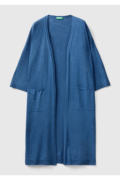United Colors of Benetton Cardigan lung pentru femei, albastru noapte, amestec de bumbac și in