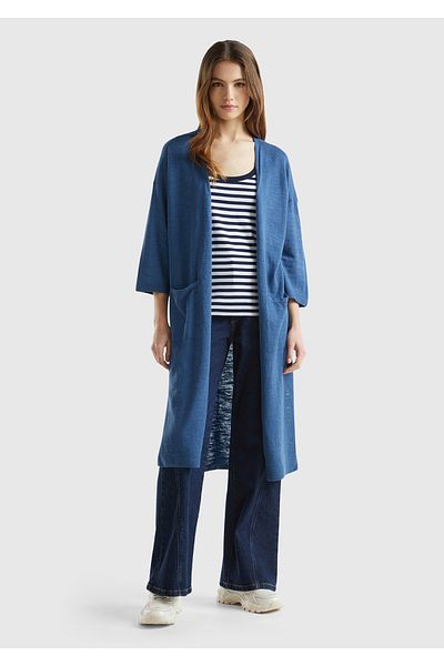 United Colors of Benetton Cardigan lung pentru femei, albastru noapte, amestec de bumbac și in