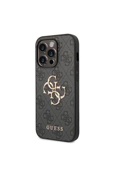 Guess iPhone 15 Pro Max Compatible Case Guess Licensed Pu Leather Text and 4g Metal Logo Patterned Gray