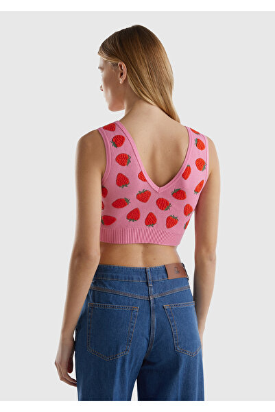 United Colors of Benetton Kadın Açık Pembe Pamuk Karışımlı Tamamı 3D Çilek Desenli V Yaka Triko Büstiyer