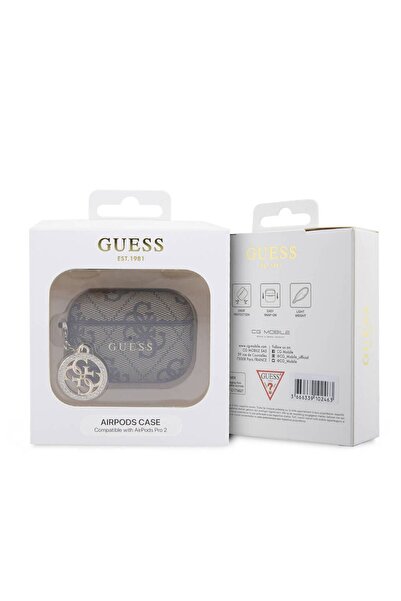 Guess Airpods Pro 2 Uyumlu Kılıf Guess  Lisanslı 4G Desenli Taşlı 4G Süs Zincirli Kahverengi