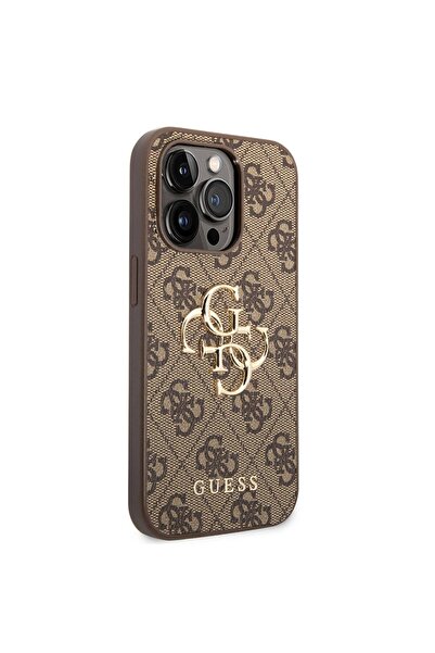 Guess iPhone 15 Pro Max Uyumlu Kılıf Guess Lisanslı PU Deri Yazı ve 4G Metal Logo Desen Kahverengi