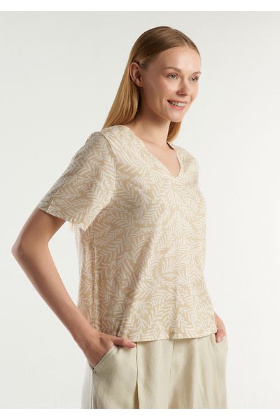 United Colors of Benetton Women's Patterned Cream Mix 100% Cotton Deep V-neck T-shirt
