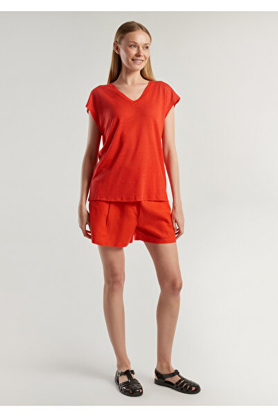 United Colors of Benetton Γυναικείο κόκκινο 100% λινό αμάνικο μπλουζάκι με βα...