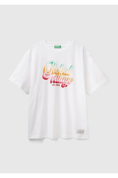 United Colors of Benetton Бяла мъжка тениска с графичен принт от 100% памук - кръгла яка