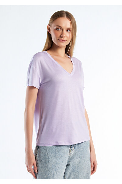 United Colors of Benetton Lilac Viscose Blended - Φαρδύ γυναικείο μπλουζάκι Basic με λαιμόκοψη