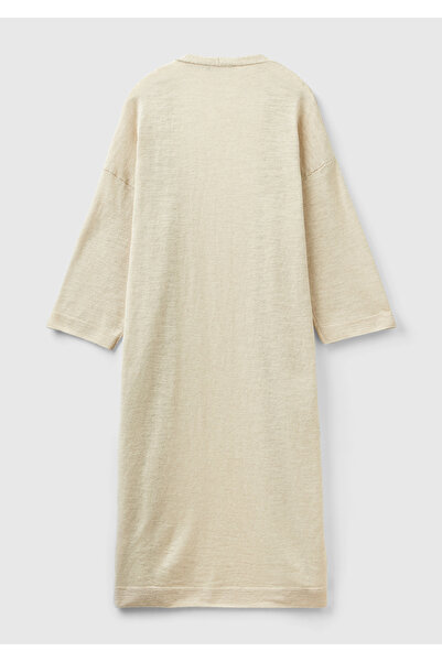 United Colors of Benetton Vanilla Colored Cotton and Linen Blend - Slit Long Women's Cardigan