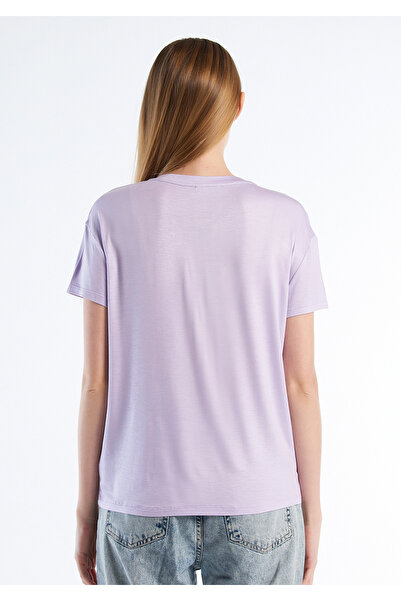 United Colors of Benetton Lilac Viscose Blended - Φαρδύ γυναικείο μπλουζάκι Basic με λαιμόκοψη