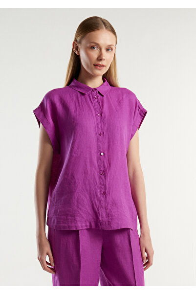 United Colors of Benetton Women's Purple 100% Linen Short Sleeve Shirt with Shoulder Detail