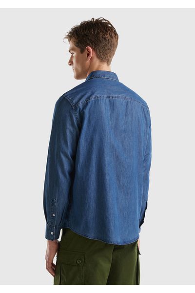 United Colors of Benetton Мъжка дънкова риза Indigo - 100% памук, джоб на гърдите, дълъг ръкав