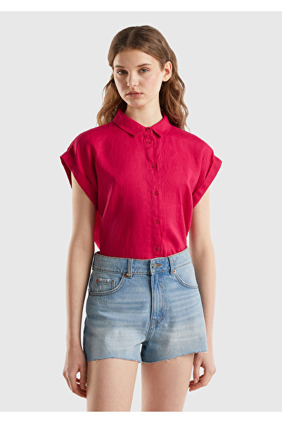 United Colors of Benetton Kadın Fuşya %100 Keten Omuz Detaylı Kısa Kollu Gömlek