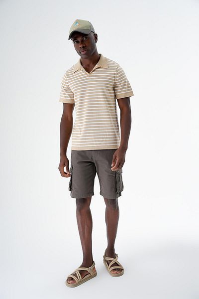 CHUBA Ανδρικό πλεκτό μπλουζάκι Polo Neck ριγέ - Regular Fit, Tan-White 24s263