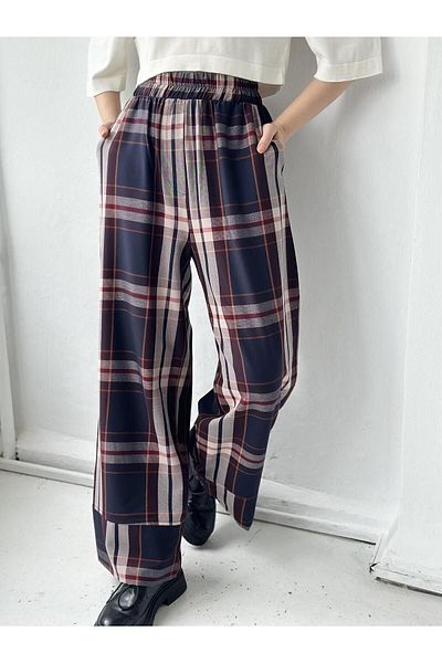 Retrobird Thick Leg Detailed Long Elastic Loose Palazzo Trousers for Women Dark Navy Blue