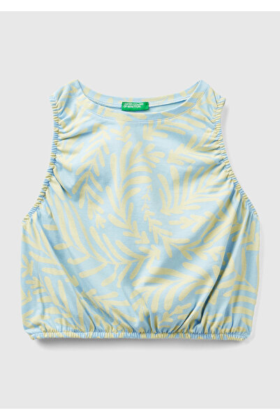 United Colors of Benetton Μπλε και κίτρινο μοτίβο - Gathered Edge T-shirt για...