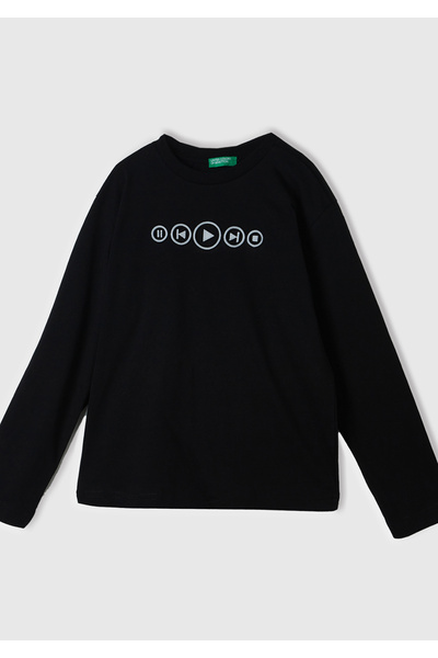 United Colors of Benetton Момчешка черна тениска с релефен принт