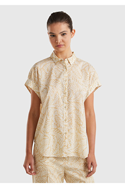 United Colors of Benetton Cămașă pentru femei, crem, 100% bumbac, cu mâneci c...