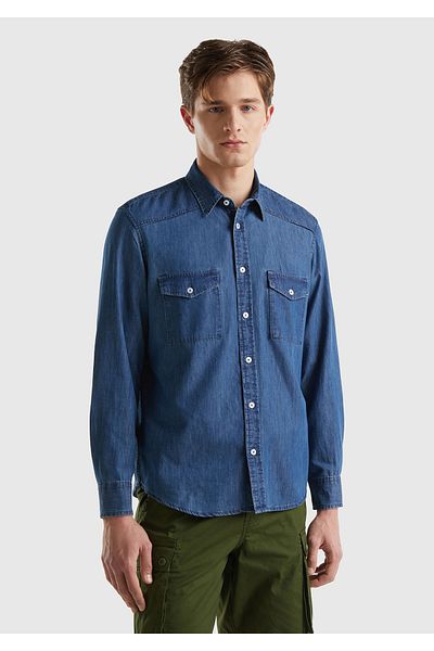 United Colors of Benetton Мъжка дънкова риза Indigo - 100% памук, джоб на гърдите, дълъг ръкав