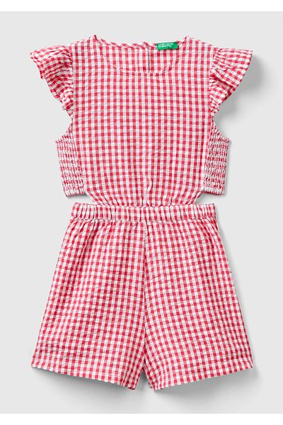 United Colors of Benetton Girl's Red Patterned Short Jumpsuit with Cut Detail