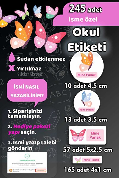 Sticker Ekspres Okul Etiketi Kelebek Kalem Defter Etiketi Özel İsim Yazılabil...