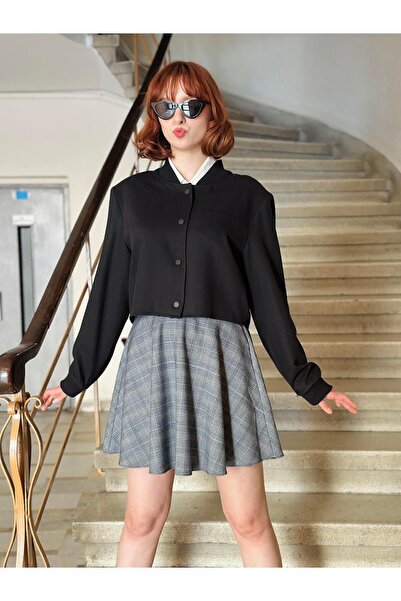 Retrobird Дамско черно късо бомбър яке - с подплънки на раменете