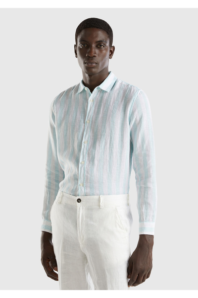 United Colors of Benetton Erkek Yeşil Mix %100 Keten Gömlek