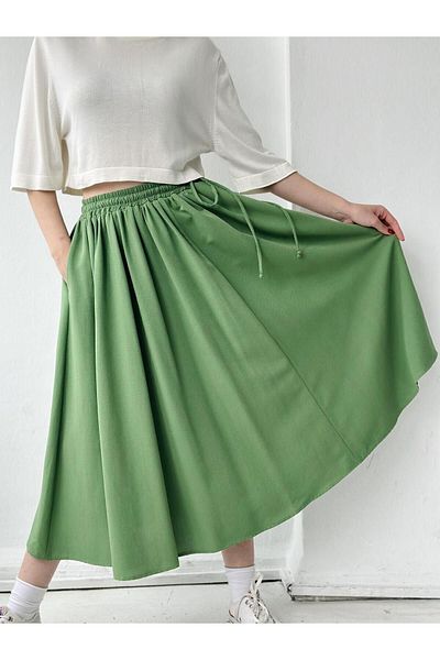 Retrobird Circle Flared Linen Midi Length Skirt Women Green