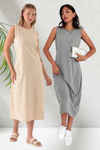 LİVE SPORT 120 Cm Women's Long Cotton Dress - Pack of 2 Combinationzon Underwear