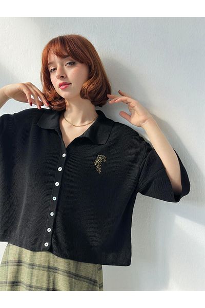 Retrobird Cardigan detaliat cu broderie cu mânecă lungă și scurtă, negru, pentru femei
