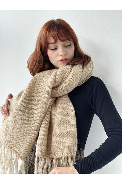 Retrobird Soft Textured Knitted Large Size Scarf Women Stone