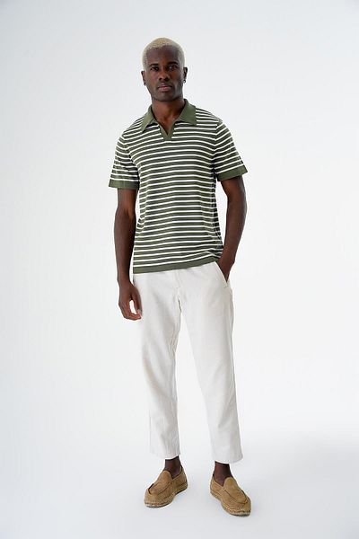 CHUBA Men's Striped Polo Collar Thin Knitwear T-shirt - Khaki White Regular Fit 24s263