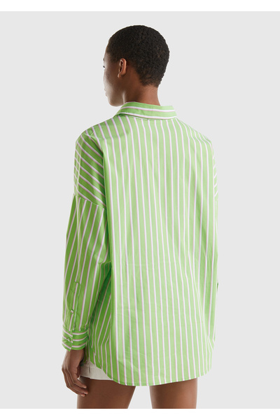 United Colors of Benetton Kadın Açık Yeşil Streç Pamuklu Logo Detaylı Çizgili Uzun Kollu Gömlek