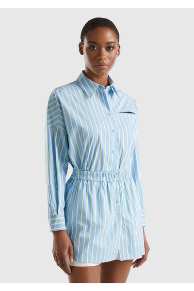 United Colors of Benetton Kadın Mavi Streç Pamuklu Logo Detaylı Çizgili Uzun Kollu Gömlek