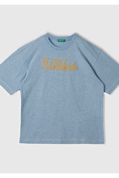 United Colors of Benetton Băiat - Tricou supradimensionat cu decolteu albastru deschis