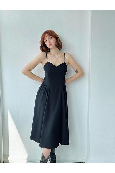 Retrobird Rochie midi cu bretele accentuate cu corset de design pentru femei, neagră