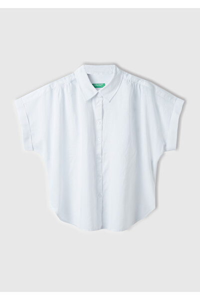 United Colors of Benetton Cămașă de damă, albă, din amestec de bumbac, cu mân...