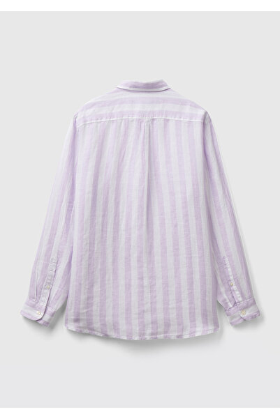 United Colors of Benetton Erkek Beyaz-Lila %100 Keten Gömlek