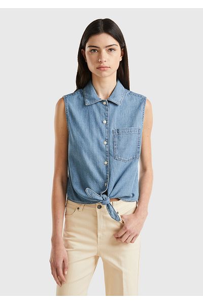 United Colors of Benetton Cămașă albastră din denim - 100% bumbac, buzunar plasat, fără mâneci