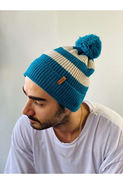 Retrobird Beretă unisex cu dungi cu pompon pentru femei Petrol