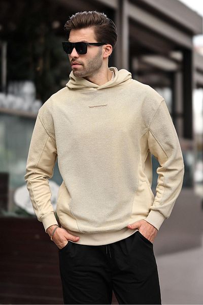 Madmext Μπεζ ανδρικό φούτερ με λεπτομέρεια κεντήματος - με κουκούλα, με λεπτομέρεια τσέπης 7050