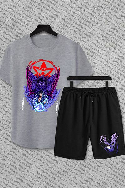 PENTHİLUS Σετ μπλουζάκι και σορτς Naruto Anime με στάμπα Uchiha Sasuke Susanoo Oversize