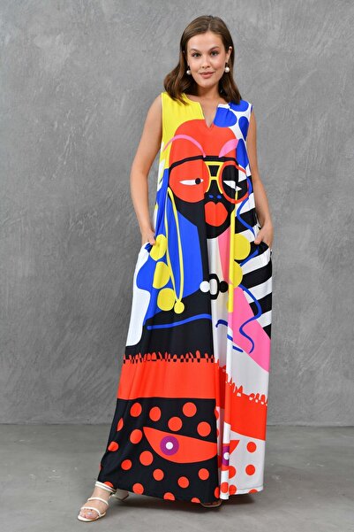 bayansepeti Sleeveless Oversize Maxi Dress with Pockets - Digital Printed, Designed Fabric 10082