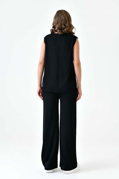 lovebox V-Neck Sleeveless Vest and High Waist Wide Leg Black Knitwear Set - Women 103