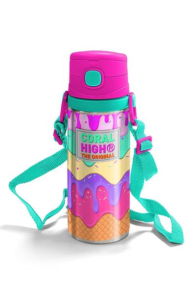 Coral High 600 ml Pink Ice Cream Patterned Steel Flask with Straw - 11955