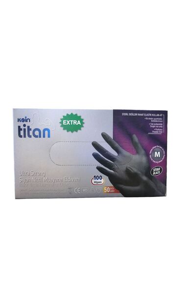 Titan Koin Titan Ekstra Kalın Siyah Nitril Muayene Eldiveni Orta M Beden 50'Lİ