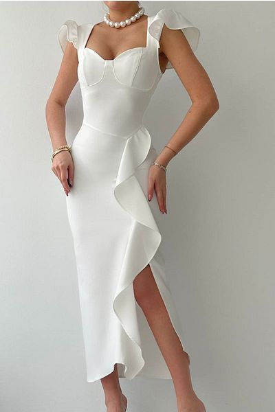 bayansepeti White Atlas Fabric Slit and Shoulder Detailed Flounce Design Midi Dress 256