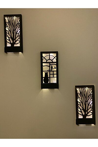 MSAĞWOODS Siyah 3 Lü Set Pillerhariç Peri Ledli Ahşap Işıklı Tablo Ev Hediyes...