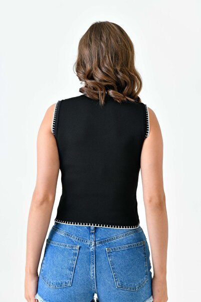 lovebox Embroidery Detailed Knitwear Women's Blouse - Sleeveless Black Basic Model 2415